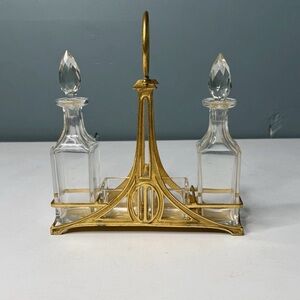 Vintage Small cruet for vinegar, oil and salt, Art Deco handle tray